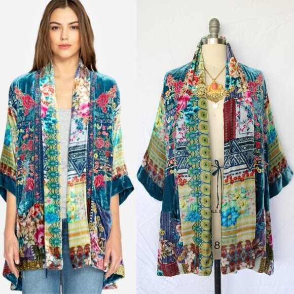 Johnny Was BIYA embroidered silk velvet kimono Haori jacket tunic caftan floral - Picture 1 of 11